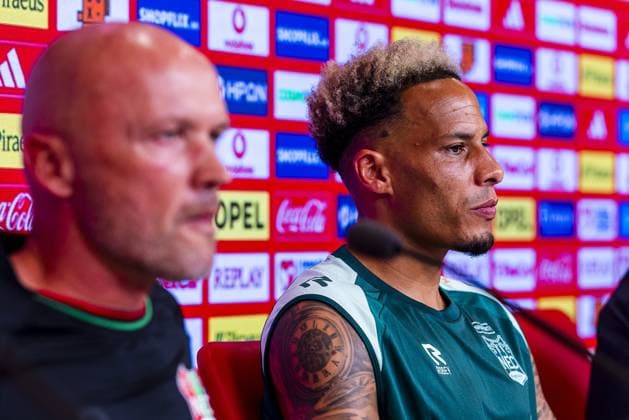 Athens , 03-08-2026 , Stadio Georgios Karaiskakis , third qualifying round of the Champions League , season 2026 2027 , press conference, PK, Pressekonferenz NEC in Athens , picture shows , NEC player Tjaronn Chery Press conference NEC Athens  x205434762x Copyright: