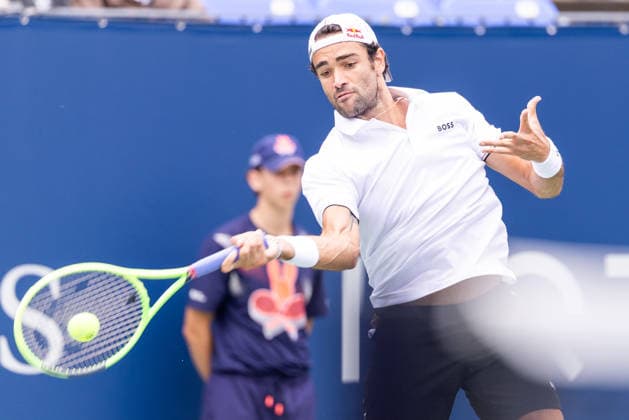 August 3, 2026, Montreal, Quebec, Canada: MATEO BERRETTINI from Italia forehand in match against Mariano Navone from Argentina in first round at Canadian Open at IGA stadium in Montreal, Quebec, Canada on 2026-08-03 Montreal Canada - ZUMAl189 20260803_zsp_l189_005 Copyright: xYannickxLegarex
