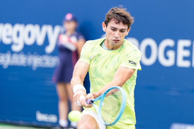 August 3, 2026, Montreal, Quebec, Canada: MARIANO NAVONE from Argentina backhand in match against Mateo Berrettini from Italia in first round at Canadian Open at IGA stadium in Montreal, Quebec, Canada on 2026-08-03 Montreal Canada - ZUMAl189 20260803_zsp_l189_009 Copyright: xYannickxLegarex