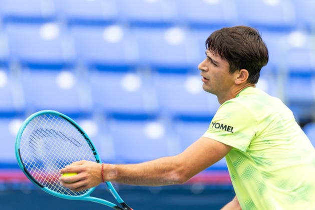 August 3, 2026, Montreal, Quebec, Canada: MARIANO NAVONE from Argentina serving in match against Mateo Berrettini from Italia in first round at Canadian Open at IGA stadium in Montreal, Quebec, Canada on 2026-08-03 Montreal Canada - ZUMAl189 20260803_zsp_l189_010 Copyright: xYannickxLegarex