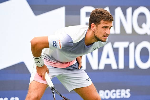 MONTREAL, QC - AUGUST 03: Vit Kopriva (CZE) waits for service during a first round match at National Bank Open on August 03, 2026 at IGA Stadium in Montreal, QC (Photo by David Kirouac Icon Sportswire) TENNIS: AUG 03 National Bank Open EDITORIAL USE ONLY Icon26080300126