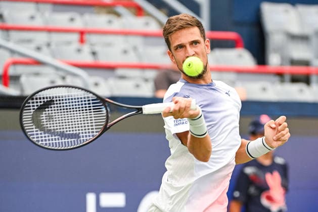 MONTREAL, QC - AUGUST 03: Vit Kopriva (CZE) returns the ball during a first round match at National Bank Open on August 03, 2026 at IGA Stadium in Montreal, QC (Photo by David Kirouac Icon Sportswire) TENNIS: AUG 03 National Bank Open EDITORIAL USE ONLY Icon26080300226