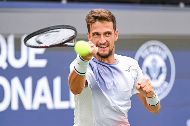 MONTREAL, QC - AUGUST 03: Vit Kopriva (CZE) returns the ball during a first round match at National Bank Open on August 03, 2026 at IGA Stadium in Montreal, QC (Photo by David Kirouac Icon Sportswire) TENNIS: AUG 03 National Bank Open EDITORIAL USE ONLY Icon26080300326