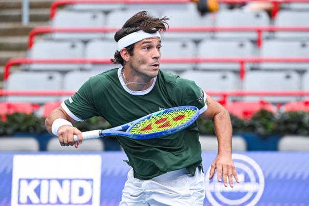MONTREAL, QC - AUGUST 03: Alexis Galarneau (CAN) returns the ball during a first round match at National Bank Open on August 03, 2026 at IGA Stadium in Montreal, QC (Photo by David Kirouac Icon Sportswire) TENNIS: AUG 03 National Bank Open EDITORIAL USE ONLY Icon26080300526
