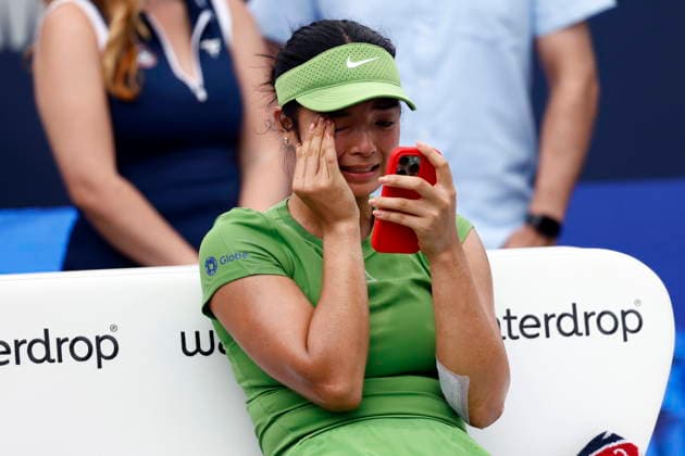 Washington DC Open tennis tournament Alexandra Eala of the Philippines speaks on the phone after beating Jessica Pegula of the USA in their Women™s Final match at the Washington DC Open tennis tournament, in Washington, DC, USA, 03 August 2026. WASHINGTON DC UNITED STATES  Copyright: xWILLxOLIVERx