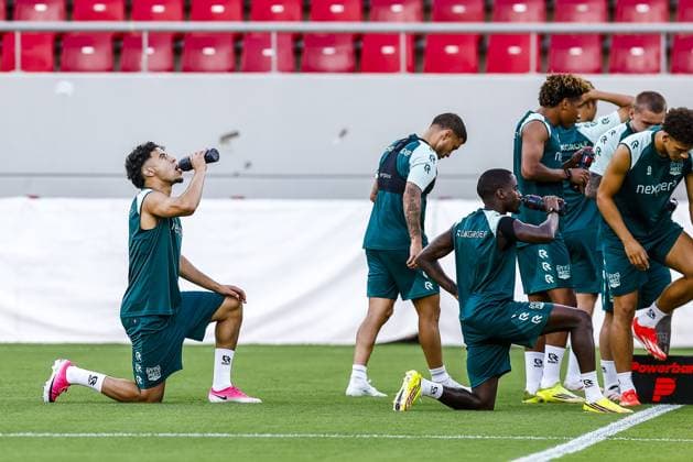 Athens , 03-08-2026 , Stadio Georgios Karaiskakis , third qualifying round of the Champions League , season 2026 2027 , training NEC in Athens , picture shows players drinking Training NEC Athens  x205435274x Copyright: