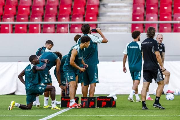 Athens , 03-08-2026 , Stadio Georgios Karaiskakis , third qualifying round of the Champions League , season 2026 2027 , training NEC in Athens , picture shows players drinking Training NEC Athens  x205435277x Copyright: