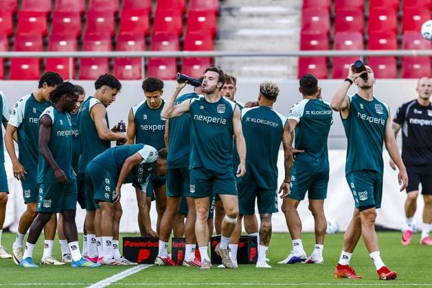 Athens , 03-08-2026 , Stadio Georgios Karaiskakis , third qualifying round of the Champions League , season 2026 2027 , training NEC in Athens , picture shows players drinking Training NEC Athens  x205435278x Copyright: