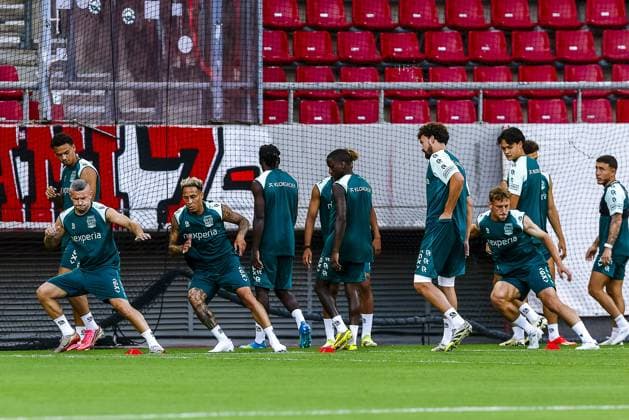 Athens , 03-08-2026 , Stadio Georgios Karaiskakis , third qualifying round of the Champions League , season 2026 2027 , training NEC in Athens , picture shows , NEC player Bryan Linssen , NEC player Tjaronn Chery Training NEC Athens  x205435285x Copyright: