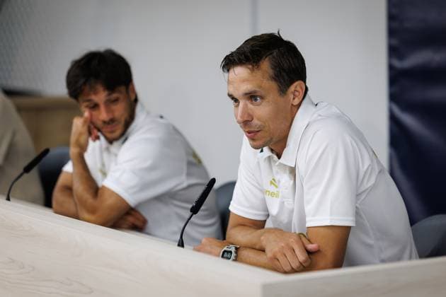 Union s Kevin Mac Allister and Union s head coach David Hubert pictured during a press conference, PK, Pressekonferenz of Belgian Royale Union Saint-Gilloise, Monday 03 August 2026 in Oostende, in preparations of the first leg of the third qualifying round for the UEFA Champions League against Norwegian Bodo Glimt. KURTxDESPLENTER  x182700664x