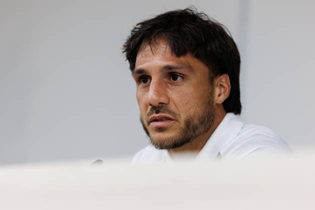 Union s Kevin Mac Allister pictured during a press conference, PK, Pressekonferenz of Belgian Royale Union Saint-Gilloise, Monday 03 August 2026 in Oostende, in preparations of the first leg of the third qualifying round for the UEFA Champions League against Norwegian Bodo Glimt. KURTxDESPLENTER  x182700682x