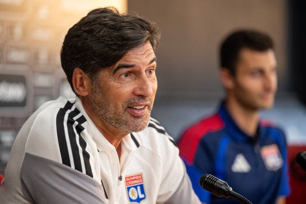 Olympique Lyon head coach Paulo Fonseca, left, and goalkeeper Dominik Greif, right, spoke at a press conference, PK, Pressekonferenz ahead of the opening match of the third qualifying round of the Champions League between AC Sparta Praha and Olympique Lyon, in Prague, Czech Republic, on August 3, 2026. (CTKxPhoto OndrejxDeml) CTKPhotoP2026080305722  CTKPhotoP2026080305722