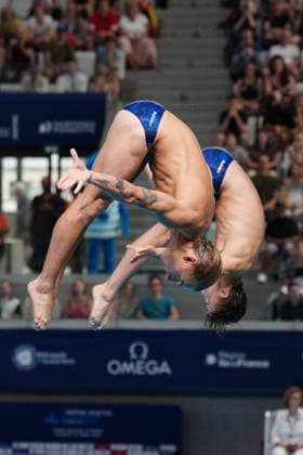 Artistic Swimming, Men s Synchronised 3m Springboard, Elias PETERSEN Peder SAUR HUBRED from Sweden, bronze medal at the European Aquatics Championships Paris 2026, Paris, August 03, 2026 .  Copyright: xGianxMattiaxD Alberto LaPressex