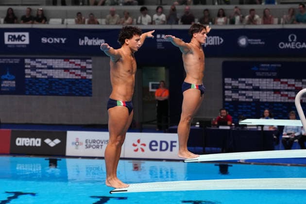 Artistic Swimming, Men s Synchronised 3m Springboard, Stefano BELOTTI Matteo SANTORO from Italy, bronze medal at the European Aquatics Championships Paris 2026, Paris, August 03, 2026 .  Copyright: xGianxMattiaxD Alberto LaPressex