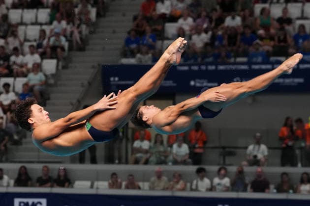 Artistic Swimming, Men s Synchronised 3m Springboard, Stefano BELOTTI Matteo SANTORO from Italy, bronze medal at the European Aquatics Championships Paris 2026, Paris, August 03, 2026 .  Copyright: xGianxMattiaxD Alberto LaPressex