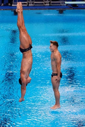 Artistic Swimming, Men s Synchronised 3m Springboard, Luka MARTINOVIC Matej NEVESCANIN from Croatia at the European Aquatics Championships Paris 2026, Paris, August 03, 2026 .  Copyright: xGianxMattiaxD Alberto LaPressex