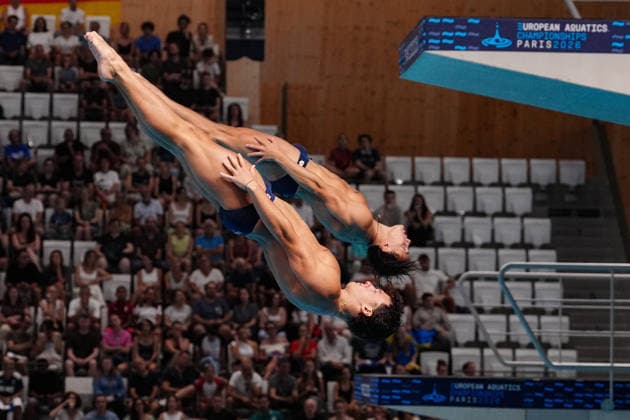 Artistic Swimming, Men s Synchronised 3m Springboard, Stefano BELOTTI Matteo SANTORO from Italy, bronze medal at the European Aquatics Championships Paris 2026, Paris, August 03, 2026 .  Copyright: xGianxMattiaxD Alberto LaPressex