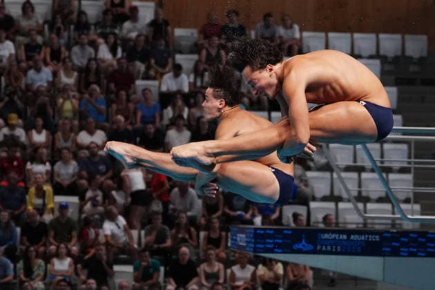 Artistic Swimming, Men s Synchronised 3m Springboard, Stefano BELOTTI Matteo SANTORO from Italy, bronze medal at the European Aquatics Championships Paris 2026, Paris, August 03, 2026 .  Copyright: xGianxMattiaxD Alberto LaPressex