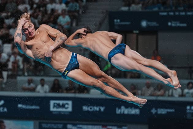 Artistic Swimming, Men s Synchronised 3m Springboard, Elias PETERSEN Peder SAUR HUBRED from Sweden, bronze medal at the European Aquatics Championships Paris 2026, Paris, August 03, 2026 .  Copyright: xGianxMattiaxD Alberto LaPressex