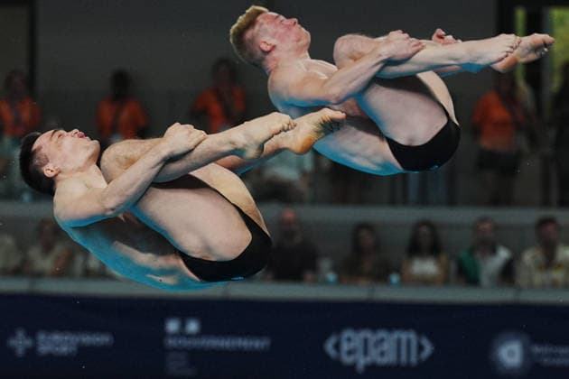 Artistic Swimming, Men s Synchronised 3m Springboard, Lou Noel Guy MASSENBERG Jonathan Gisbert SCHAUER from Germany, gold medal at the European Aquatics Championships Paris 2026, Paris, August 03, 2026 .  Copyright: xGianxMattiaxD Alberto LaPressex