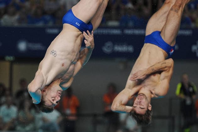 Artistic Swimming, Men s Synchronised 3m Springboard , Jules BOUYER Alexis JANDARD from France at the European Aquatics Championships Paris 2026, Paris, August 03, 2026 .  Copyright: xGianxMattiaxD Alberto LaPressex