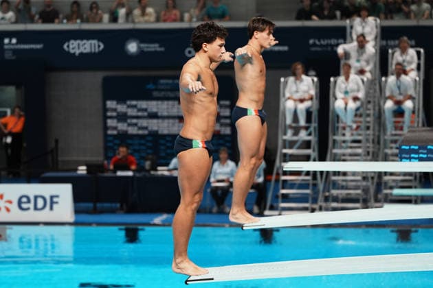Artistic Swimming, Men s Synchronised 3m Springboard, Stefano BELOTTI Matteo SANTORO from Italy, bronze medal at the European Aquatics Championships Paris 2026, Paris, August 03, 2026 .  Copyright: xGianxMattiaxD Alberto LaPressex