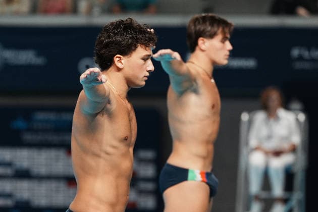 Artistic Swimming, Men s Synchronised 3m Springboard, Stefano BELOTTI Matteo SANTORO from Italy, bronze medal at the European Aquatics Championships Paris 2026, Paris, August 03, 2026 .  Copyright: xGianxMattiaxD Alberto LaPressex