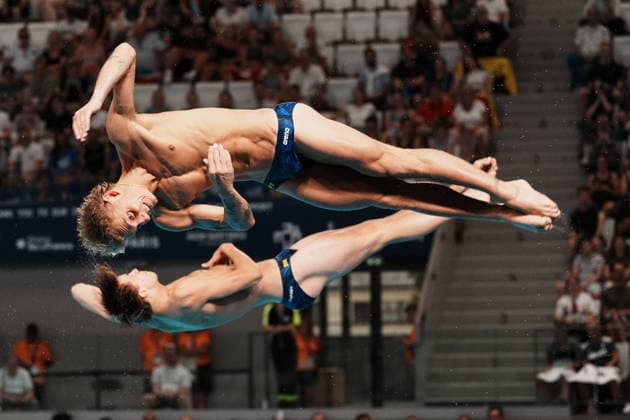 Artistic Swimming, Men s Synchronised 3m Springboard, Elias PETERSEN Peder SAUR HUBRED from Sweden, bronze medal at the European Aquatics Championships Paris 2026, Paris, August 03, 2026 .  Copyright: xGianxMattiaxD Alberto LaPressex