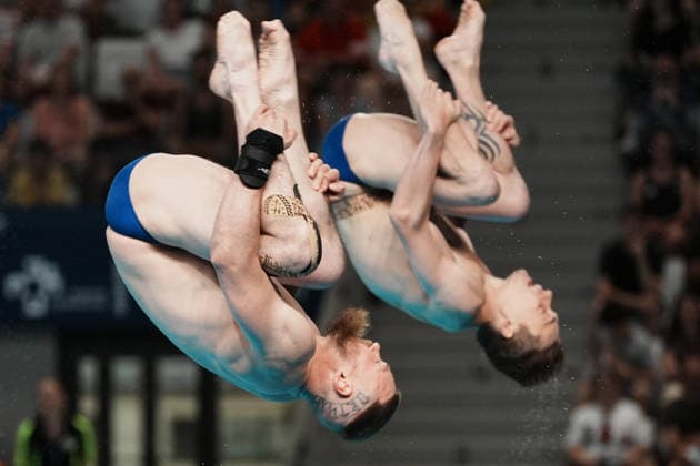 Artistic Swimming, Men s Synchronised 3m Springboard, Evgenii KUZNETSOV Nikita SHLEIKHER from NAB, silver medal at the European Aquatics Championships Paris 2026, Paris, August 03, 2026 .  Copyright: xGianxMattiaxD Alberto LaPressex