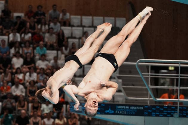 Artistic Swimming, Men s Synchronised 3m Springboard, Kirill BOLIUKH Stanislav OLIFERCHYK from Ukraine at the European Aquatics Championships Paris 2026, Paris, August 03, 2026 .  Copyright: xGianxMattiaxD Alberto LaPressex
