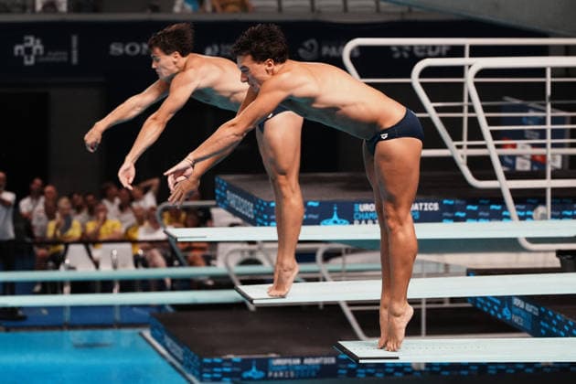 Artistic Swimming, Men s Synchronised 3m Springboard, Stefano BELOTTI Matteo SANTORO from Italy, bronze medal at the European Aquatics Championships Paris 2026, Paris, August 03, 2026 .  Copyright: xGianxMattiaxD Alberto LaPressex