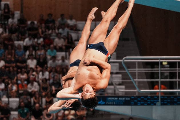 Artistic Swimming, Men s Synchronised 3m Springboard, Stefano BELOTTI Matteo SANTORO from Italy, bronze medal at the European Aquatics Championships Paris 2026, Paris, August 03, 2026 .  Copyright: xGianxMattiaxD Alberto LaPressex