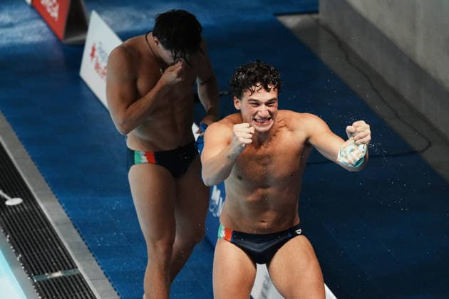 Artistic Swimming, Men s Synchronised 3m Springboard, Stefano BELOTTI Matteo SANTORO from Italy, bronze medal at the European Aquatics Championships Paris 2026, Paris, August 03, 2026 .  Copyright: xGianxMattiaxD Alberto LaPressex