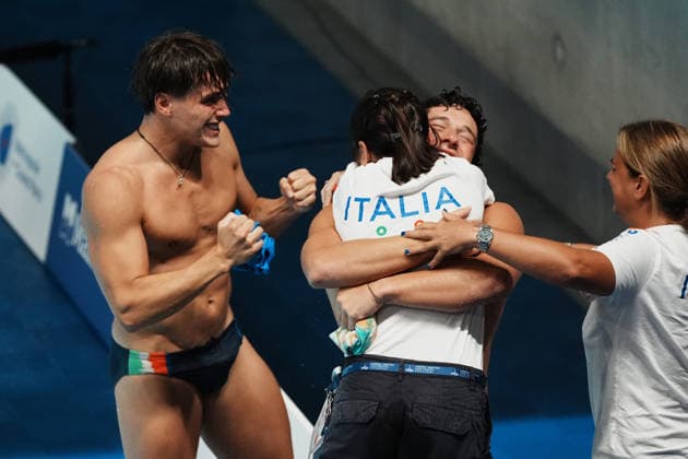 Artistic Swimming, Men s Synchronised 3m Springboard, Stefano BELOTTI Matteo SANTORO from Italy, bronze medal at the European Aquatics Championships Paris 2026, Paris, August 03, 2026 .  Copyright: xGianxMattiaxD Alberto LaPressex