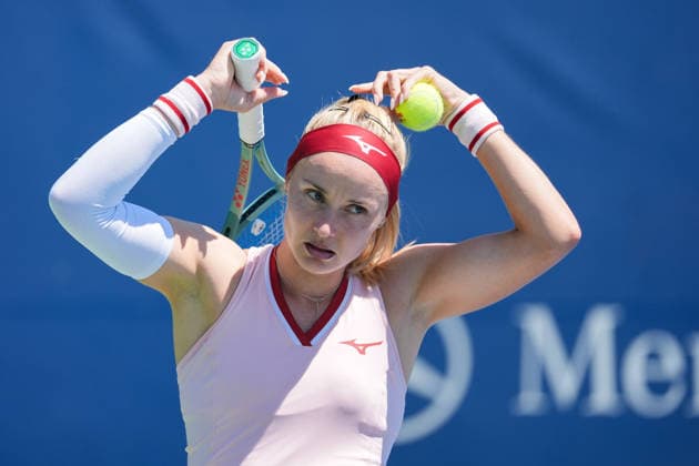 WTA, Tennis Damen Masters 1000 National Bank Open Toronto 2026 - Round of 128 - Day 3 Rebecca Sramkova of Slovakia reacts during the Women™s Singles round of 128 match against Anna Blinkova of Russia on day 3 of the WTA Masters 1000 National Bank Open at Sobeys Stadium on August 3, 2026, in Toronto, Canada. (Photo by Leonardo Ramirez Eyepix Group) Copyright: xLeonardoxRamirezx xEyepixxGroupx LR03082026-07252
