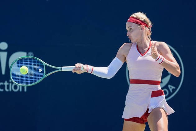 WTA, Tennis Damen Masters 1000 National Bank Open Toronto 2026 - Round of 128 - Day 3 Rebecca Sramkova of Slovakia plays a forehand during the Women™s Singles round of 128 match against Anna Blinkova of Russia on day 3 of the WTA Masters 1000 National Bank Open at Sobeys Stadium on August 3, 2026, in Toronto, Canada. (Photo by Leonardo Ramirez Eyepix Group) Copyright: xLeonardoxRamirezx xEyepixxGroupx LR03082026-07764