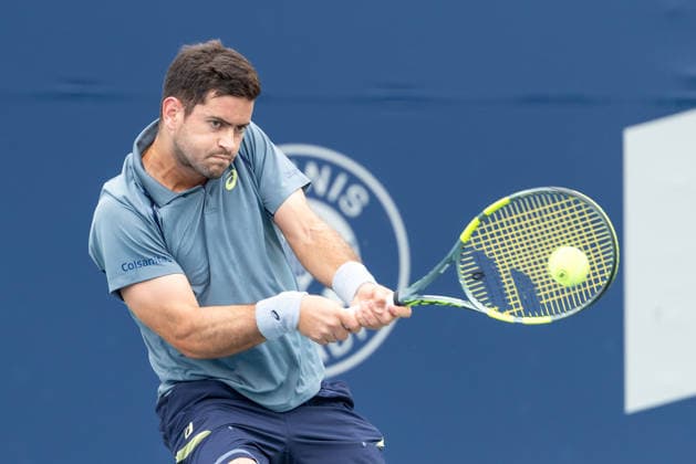 August 3, 2026, Montreal, Quebec, Canada: NICOLAS MEjIA from Colombia backhand in match against Martin Landaluce from Spain in first round at Canadian Open at IGA stadium in Montreal, Quebec, Canada on 2026-08-03 TENNIS: Canadian Open Montreal 2026  - ZUMAl189 20260803_zsp_l189_019 Copyright: xYannickxLegarex