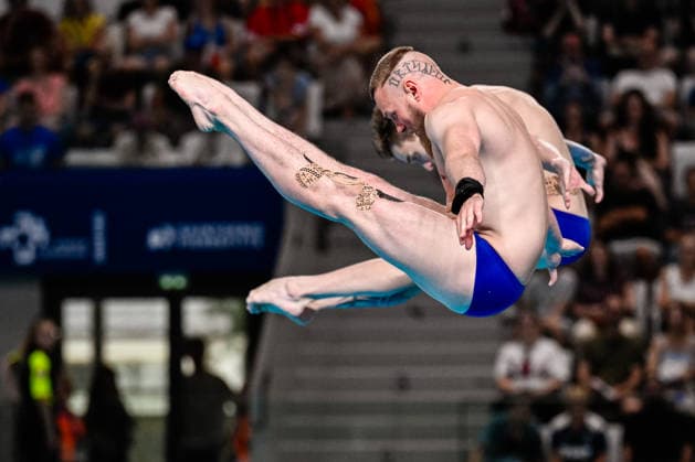 Evgenii Kuznetsov Neutral Athletes B, Nikita Shleikher Neutral Athletes B compete in the Diving 3m Springboard Synchro Men Final with the coaches during the European Aquatics Championships at the Olympic Aquatic Center in Paris (France), August 3, 2026. Andrea Masini Deepbluemedia Insidefoto