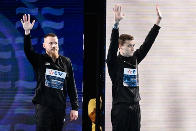 Evgenii Kuznetsov Neutral Athletes B, Nikita Shleikher Neutral Athletes B compete in the Diving 3m Springboard Synchro Men Final with the coaches during the European Aquatics Championships at the Olympic Aquatic Center in Paris (France), August 3, 2026. Andrea Masini Deepbluemedia Insidefoto