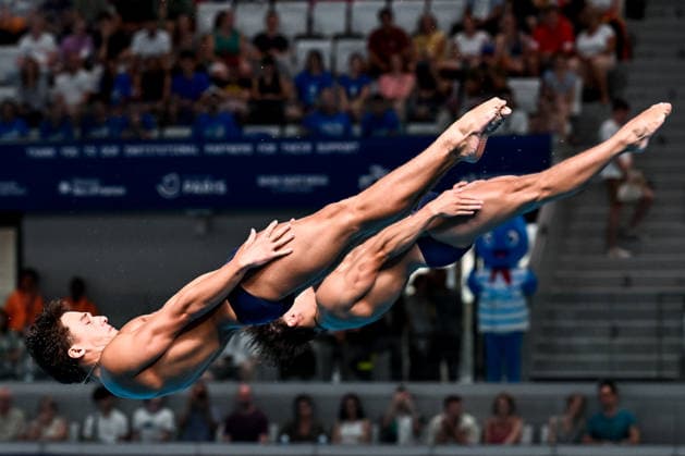 Stefano Belotti, Matteo Santoro of Italy compete in the diving 3m Springboard Synchro Men Final during the European Aquatics Championships at the Olympic Aquatic Center in Paris (France), August 3, 2026. Andrea Masini Deepbluemedia Insidefoto