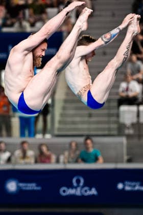 Evgenii Kuznetsov Neutral Athletes B, Nikita Shleikher Neutral Athletes B compete in the Diving 3m Springboard Synchro Men Final with the coaches during the European Aquatics Championships at the Olympic Aquatic Center in Paris (France), August 3, 2026. Andrea Masini Deepbluemedia Insidefoto