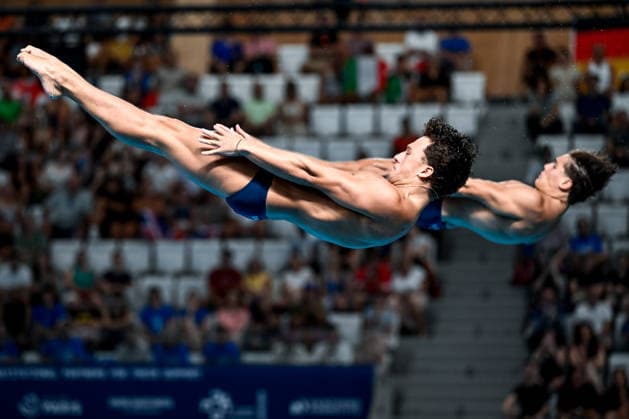 Stefano Belotti, Matteo Santoro of Italy compete in the diving 3m Springboard Synchro Men Final during the European Aquatics Championships at the Olympic Aquatic Center in Paris (France), August 3, 2026. Andrea Masini Deepbluemedia Insidefoto