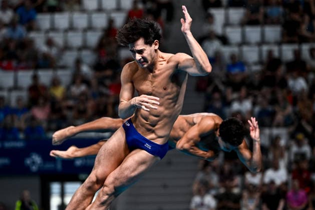 Juan Pablo Cortes Zapata, Max Linan Canela of Spain compete in the diving 3m Springboard Synchro Men Final during the European Aquatics Championships at the Olympic Aquatic Center in Paris (France), August 3, 2026. Andrea Masini Deepbluemedia Insidefoto