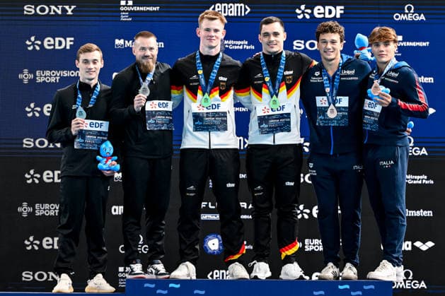 Evgenii Kuznetsov, Nikita Shleikher Neutral Athletes B, silver, Lou Noel Guy Massenberg, Jonathan Gisbert Schauer of Germany, gold, Stefano Belotti, Matteo Santoro of Italy, bronze attend the medal ceremony of the diving 3m Springboard Synchro Men Final during the European Aquatics Championships at the Olympic Aquatic Center in Paris (France), August 3, 2026. Andrea Masini Deepbluemedia Insidefoto