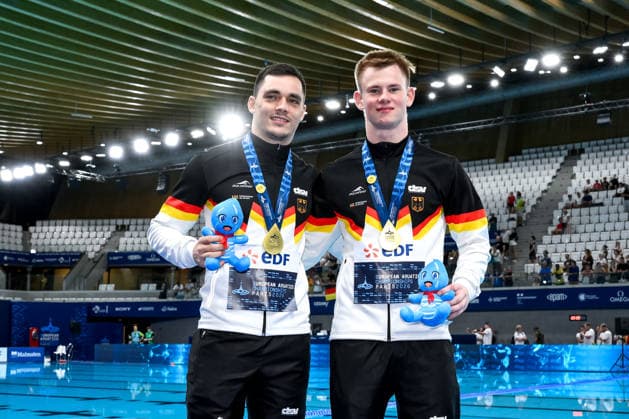Lou Noel Guy Massenberg, Jonathan Gisbert Schauer of Germany, gold show the gold medal after competing in the diving 3m Springboard Synchro Men Final during the European Aquatics Championships at the Olympic Aquatic Center in Paris (France), August 3, 2026. Andrea Staccioli