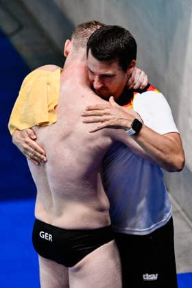 Lou Noel Guy Massenberg of Germany, Jonathan Gisbert Schauer of Germany celebrate after the Diving 3m Springboard Synchro Men Final with coach with the coaches during the European Aquatics Championships at the Olympic Aquatic Center in Paris (France), August 3, 2026. Andrea Masini Deepbluemedia Insidefoto