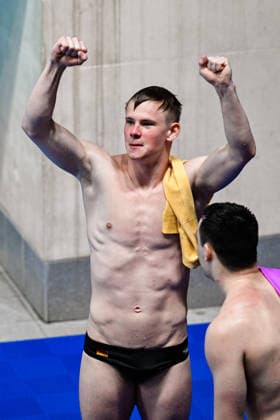 Lou Noel Guy Massenberg of Germany, Jonathan Gisbert Schauer of Germany celebrate after the Diving 3m Springboard Synchro Men Final with the coaches during the European Aquatics Championships at the Olympic Aquatic Center in Paris (France), August 3, 2026. Andrea Masini Deepbluemedia Insidefoto