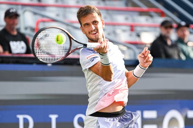 MONTREAL, QC - AUGUST 03: Vit Kopriva (CZE) returns the ball during a first round match at National Bank Open on August 03, 2026 at IGA Stadium in Montreal, QC (Photo by David Kirouac Icon Sportswire) TENNIS: AUG 03 National Bank Open EDITORIAL USE ONLY Icon26080302526