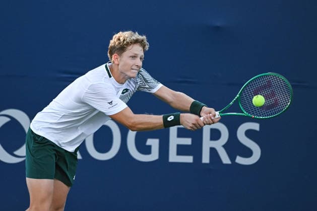 MONTREAL, QC - AUGUST 03: Martin Landaluce (ESP) returns the ball during a first round match at National Bank Open on August 03, 2026 at IGA Stadium in Montreal, QC (Photo by David Kirouac Icon Sportswire) TENNIS: AUG 03 National Bank Open EDITORIAL USE ONLY Icon26080303326