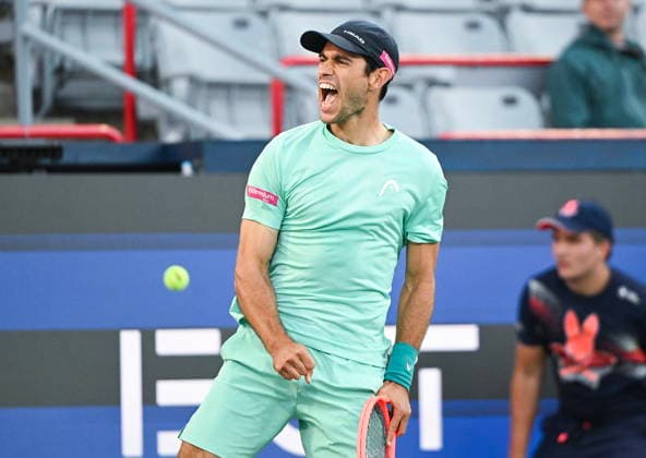 August 3, 2026, Montreal, Pq, Canada: Nuno Borges of Portugal reacts following his first round match win over Aleksandar Kovacevic of the United States at the National Bank Open tennis tournament in Montreal, on Monday, Aug. 3, 2026. Canada News - August 3, 2026  - ZUMAc35_ 20260803_zaf_c35_065 Copyright: xGrahamxHughesx
